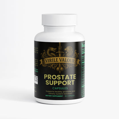 Supplement bottle labeled 'Prostate Support' by Virile Valour on a white background