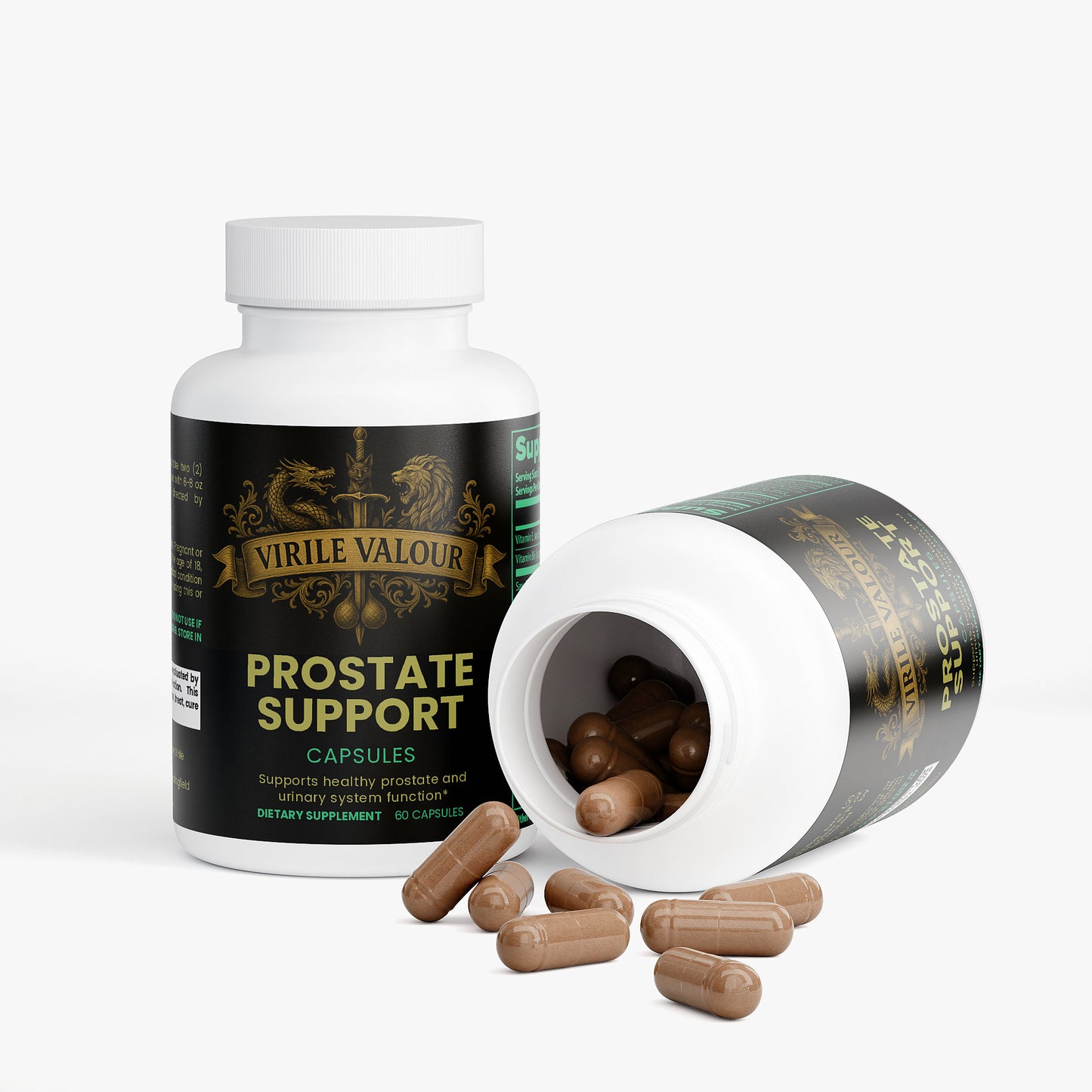 Prostate support capsules with open bottle on a white background