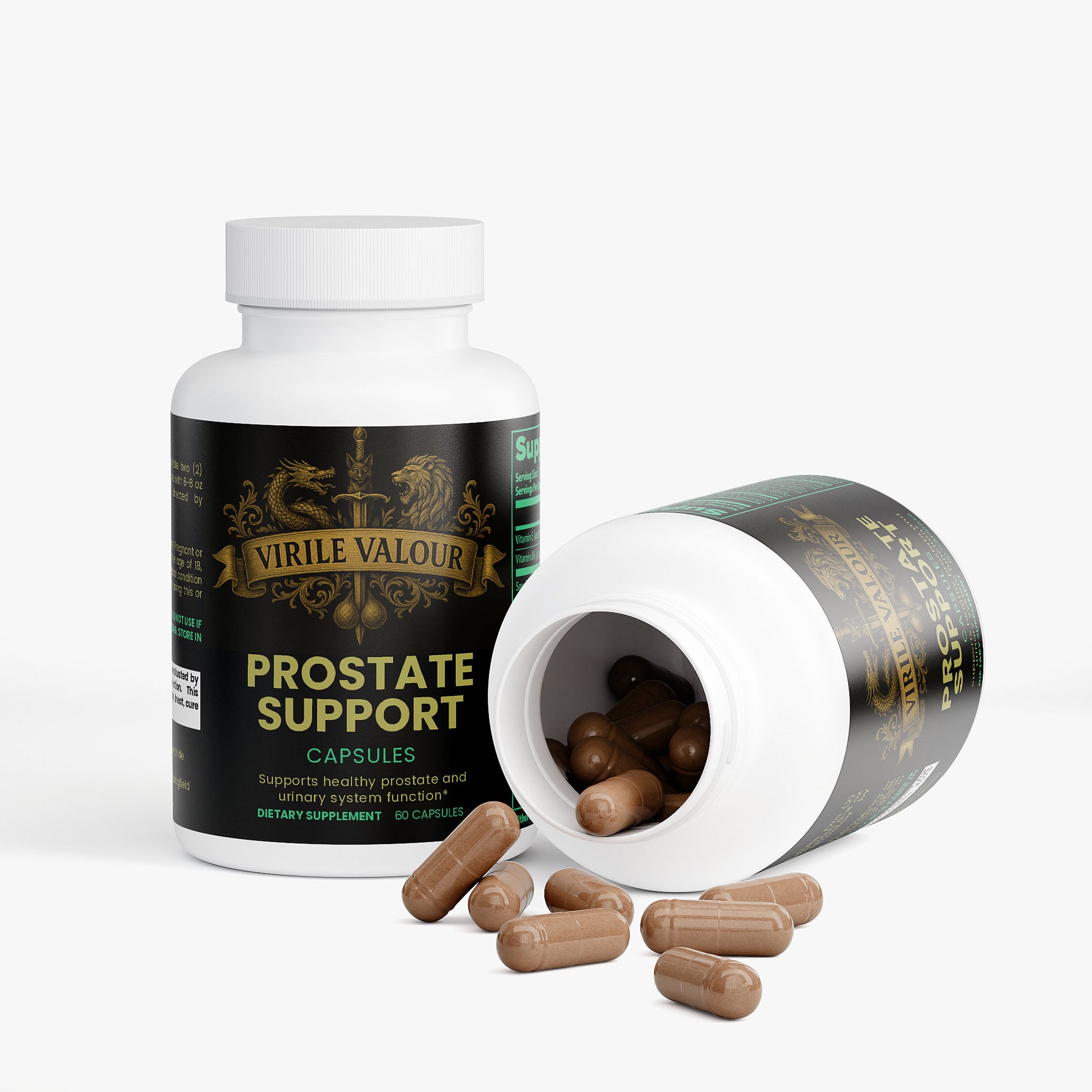 Prostate support capsules with open bottle on a white background