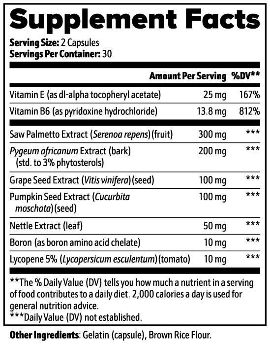 Virile Valour Prostate Support For Men Supplement facts label with various vitamins and extracts listed