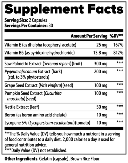 Virile Valour Prostate Support For Men Supplement facts label with various vitamins and extracts listed