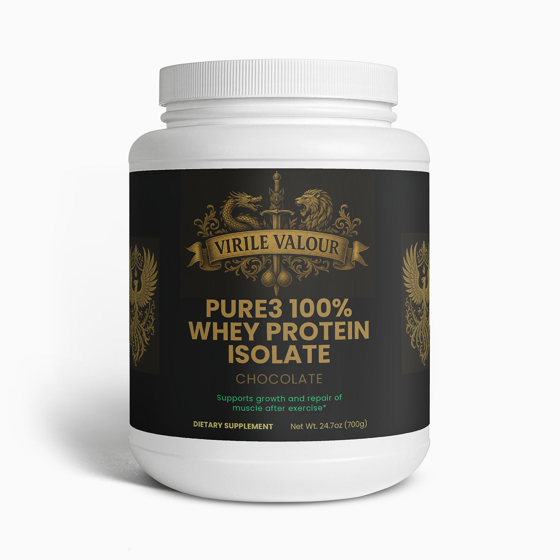 White container of Virile Valour Pure3 100% Whey Protein Isolate on a white background