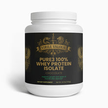 White container of Virile Valour Pure3 100% Whey Protein Isolate on a white background