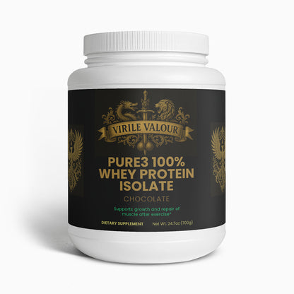 White container of Virile Valour Pure3 100% Whey Protein Isolate on a white background
