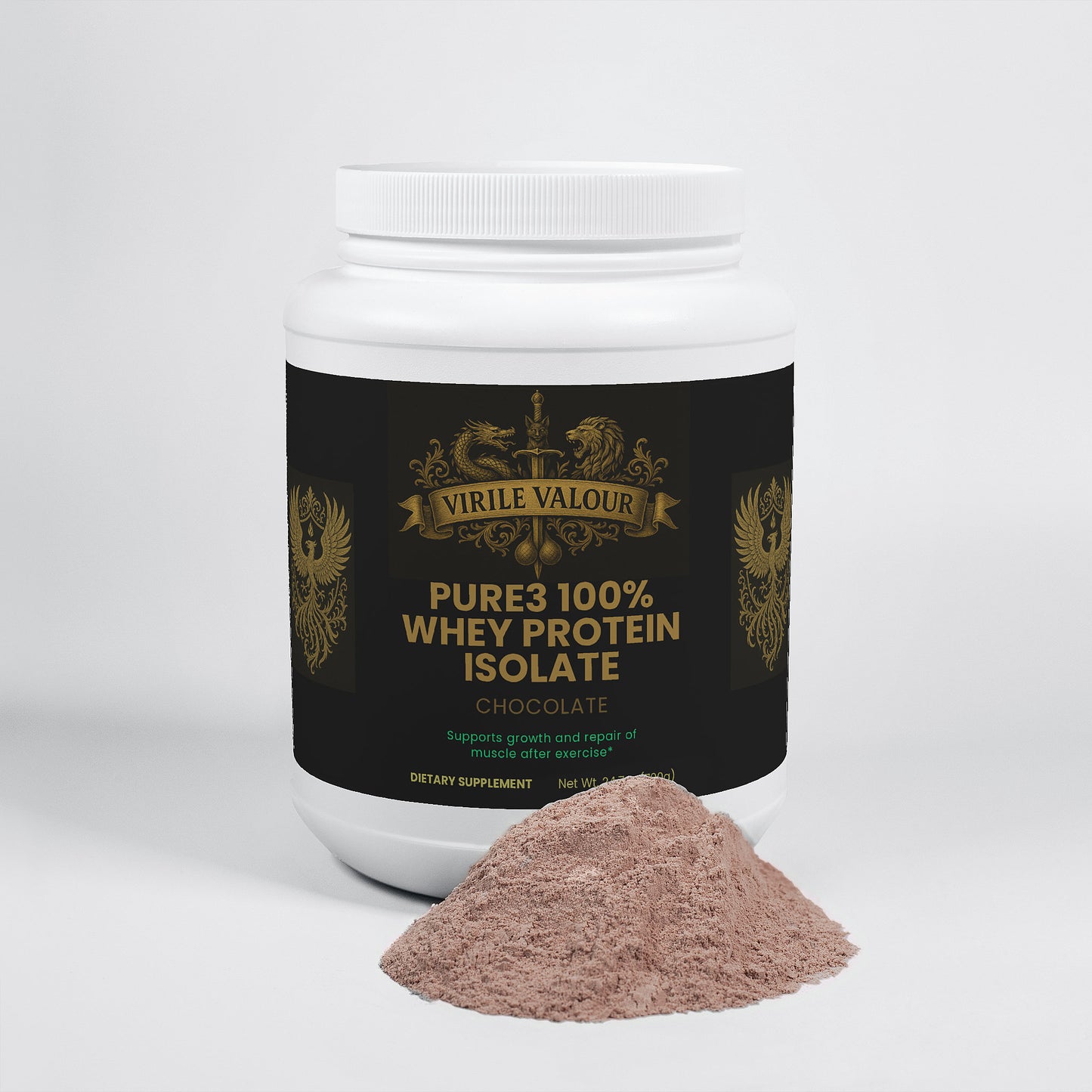 Container of Virile Valor Pure3 100% Whey Protein Isolate with a scoop of protein powder on a white background