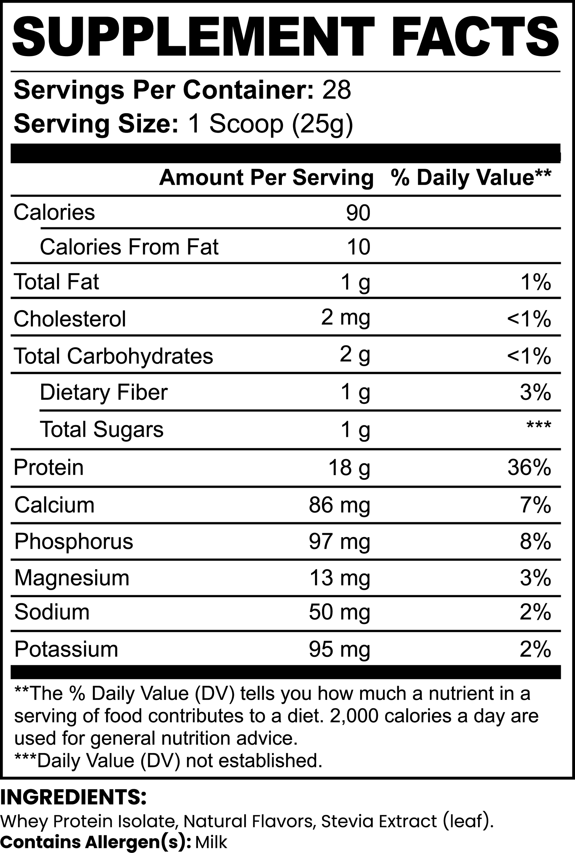 Virile Valour Pure3 100% Whey Protein Isolate Chocolate For Men Supplement Facts for a supplement showing calories, fat, carbohydrates, and protein content per serving.