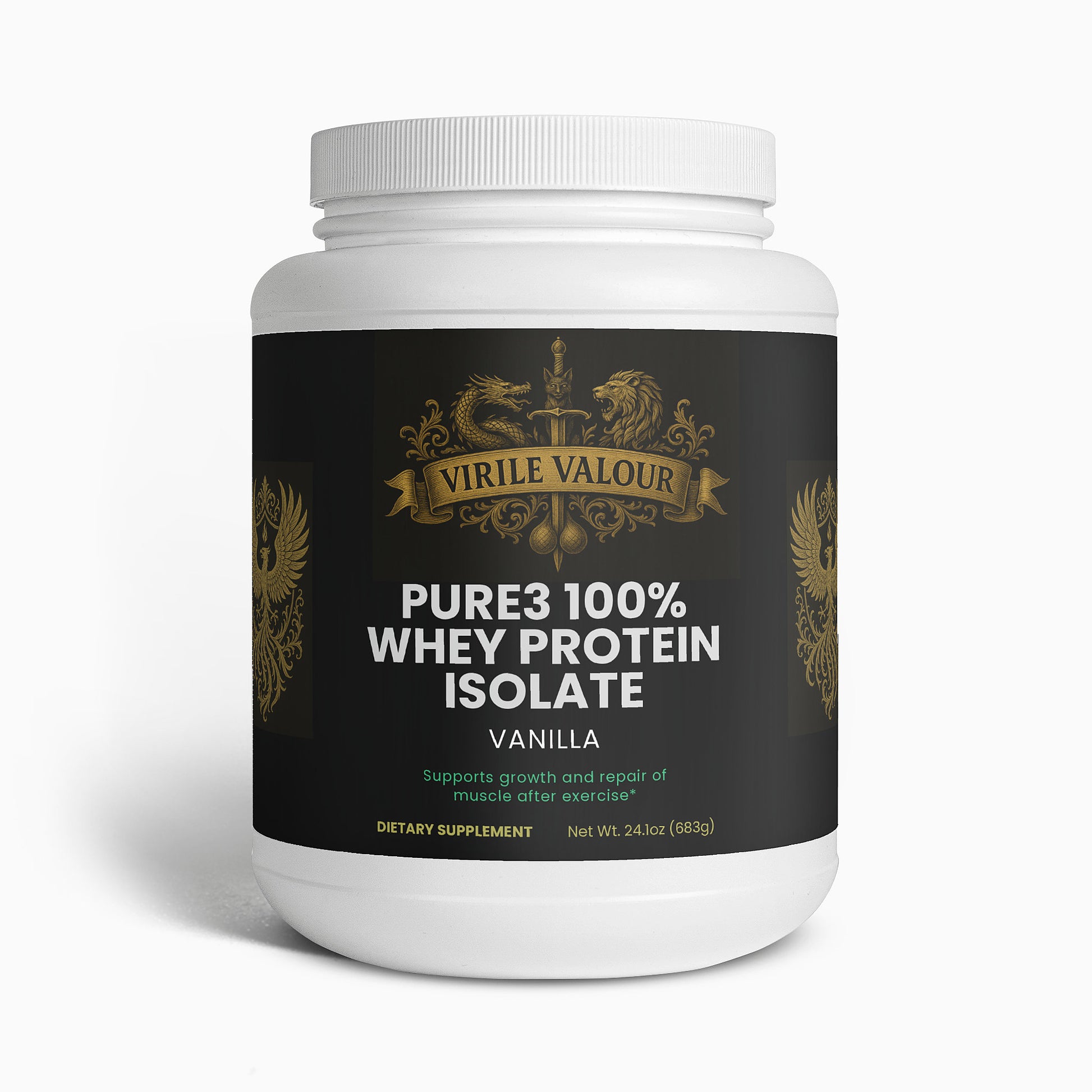 White container of Virile Valour Pure3 100% Whey Protein Isolate Vanilla on a white background