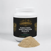 Container of Virile Valour Pure3 100% Whey Protein Isolate with a scoop of powder on a white background