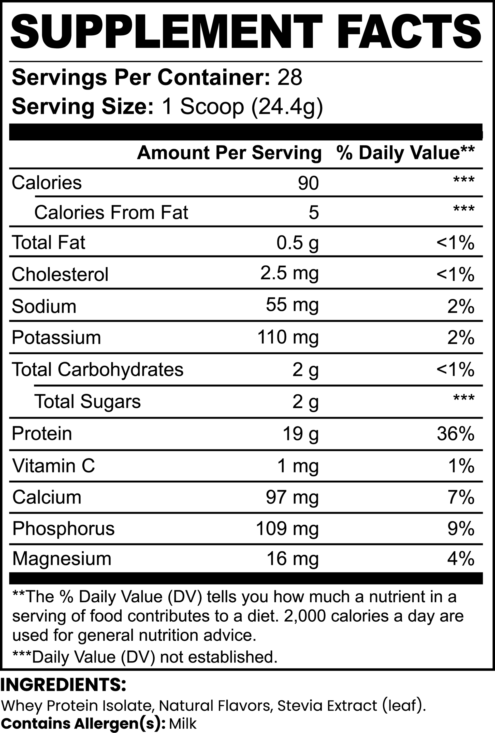 Virile Valour Pure3 100 Whey Protein Isolate Vanilla For Men Supplement Facts label with nutritional information and ingredients listed.