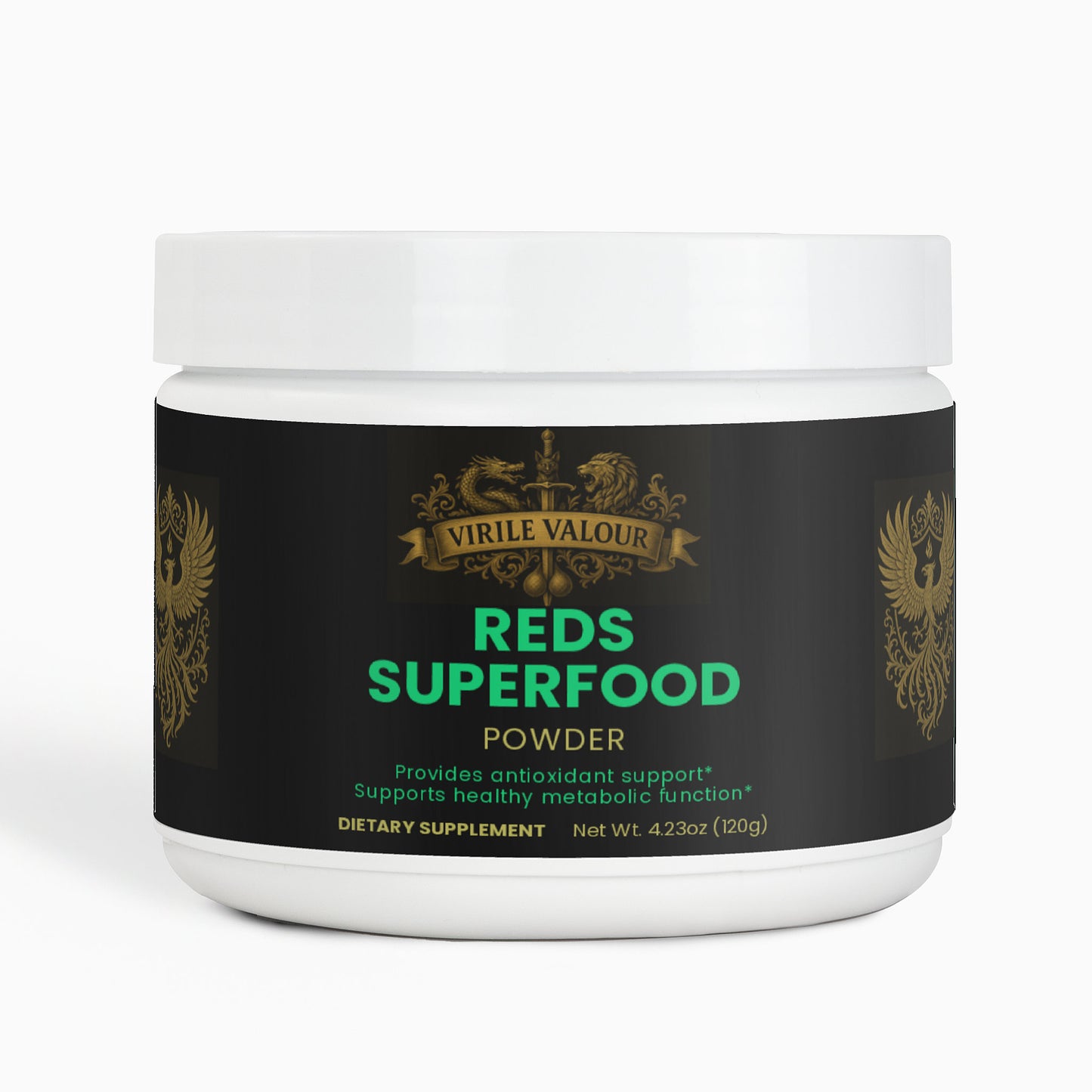 Jar of Virile Valour Reds Superfood Powder on a white background