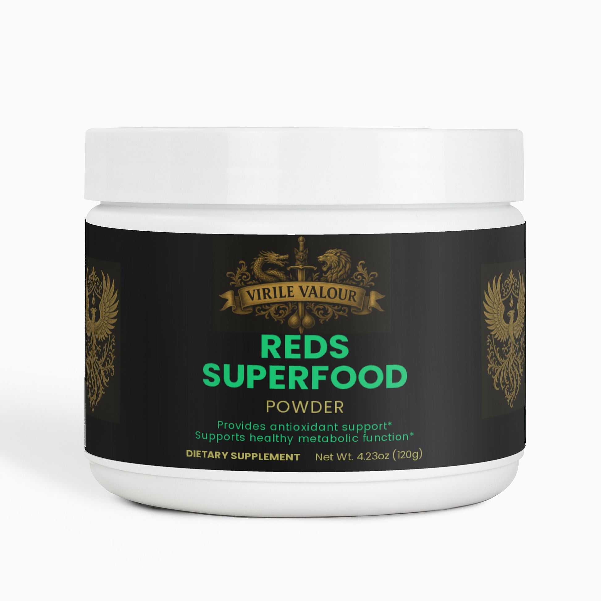 Jar of Virile Valour Reds Superfood Powder on a white background