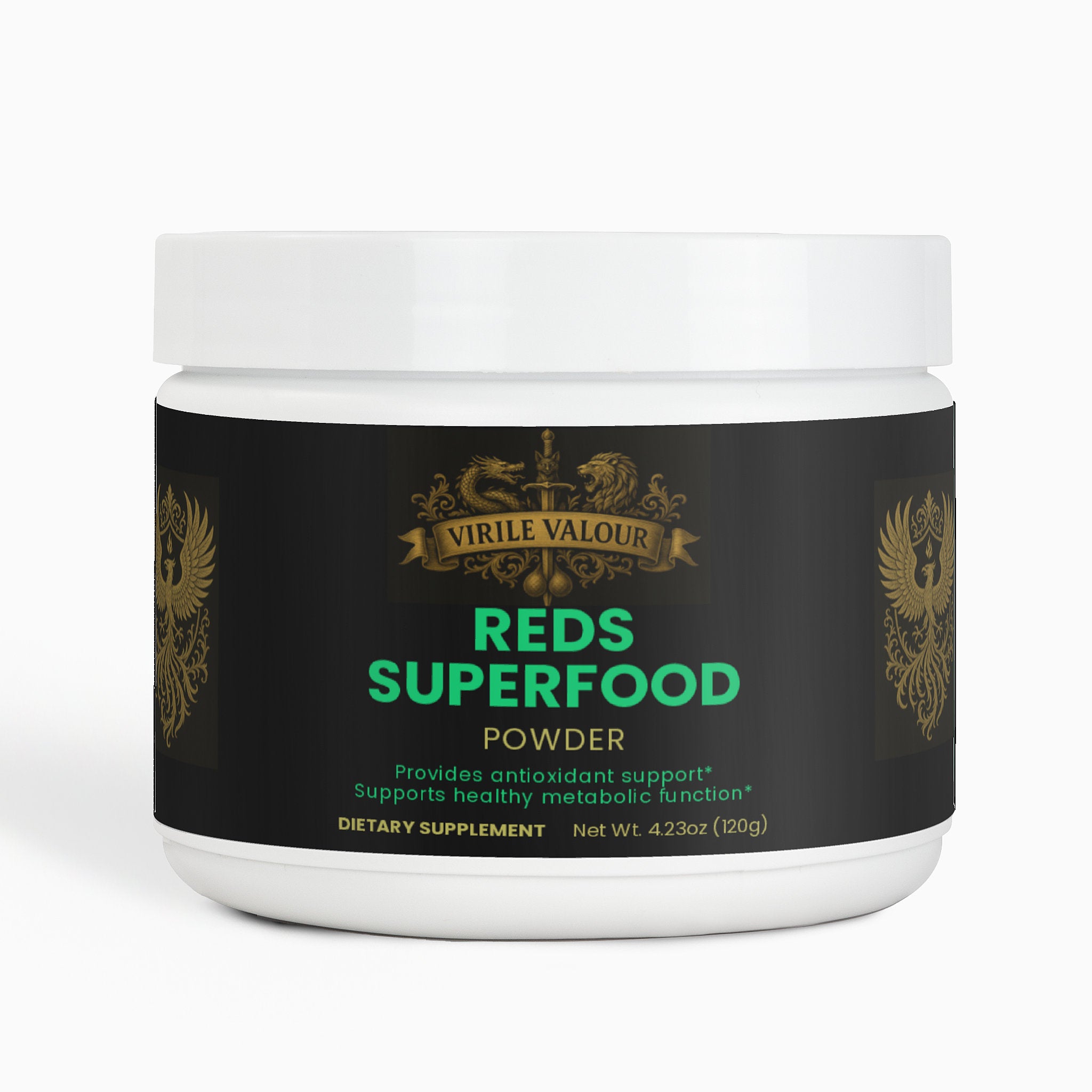 Jar of Virile Valour Reds Superfood Powder on a white background