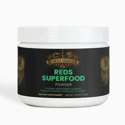 Jar of Virile Valour Reds Superfood Powder on a white background