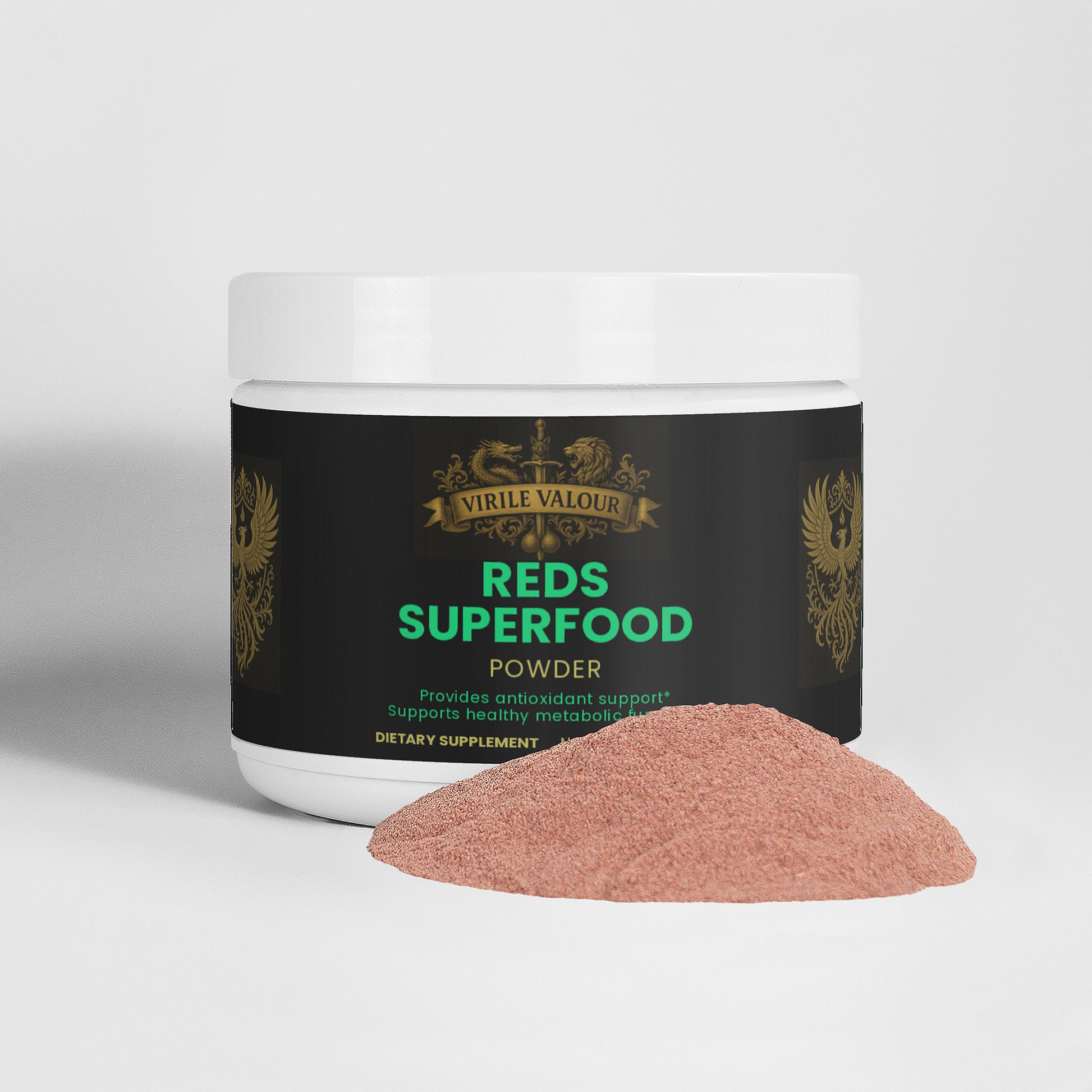 Jar of Virile Valour Reds Superfood Powder on a white background