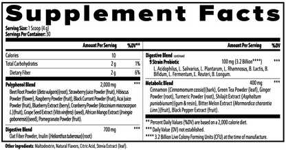 Virile Valour Reds Superfood For Men supplement facts label with detailed nutritional information on a white background