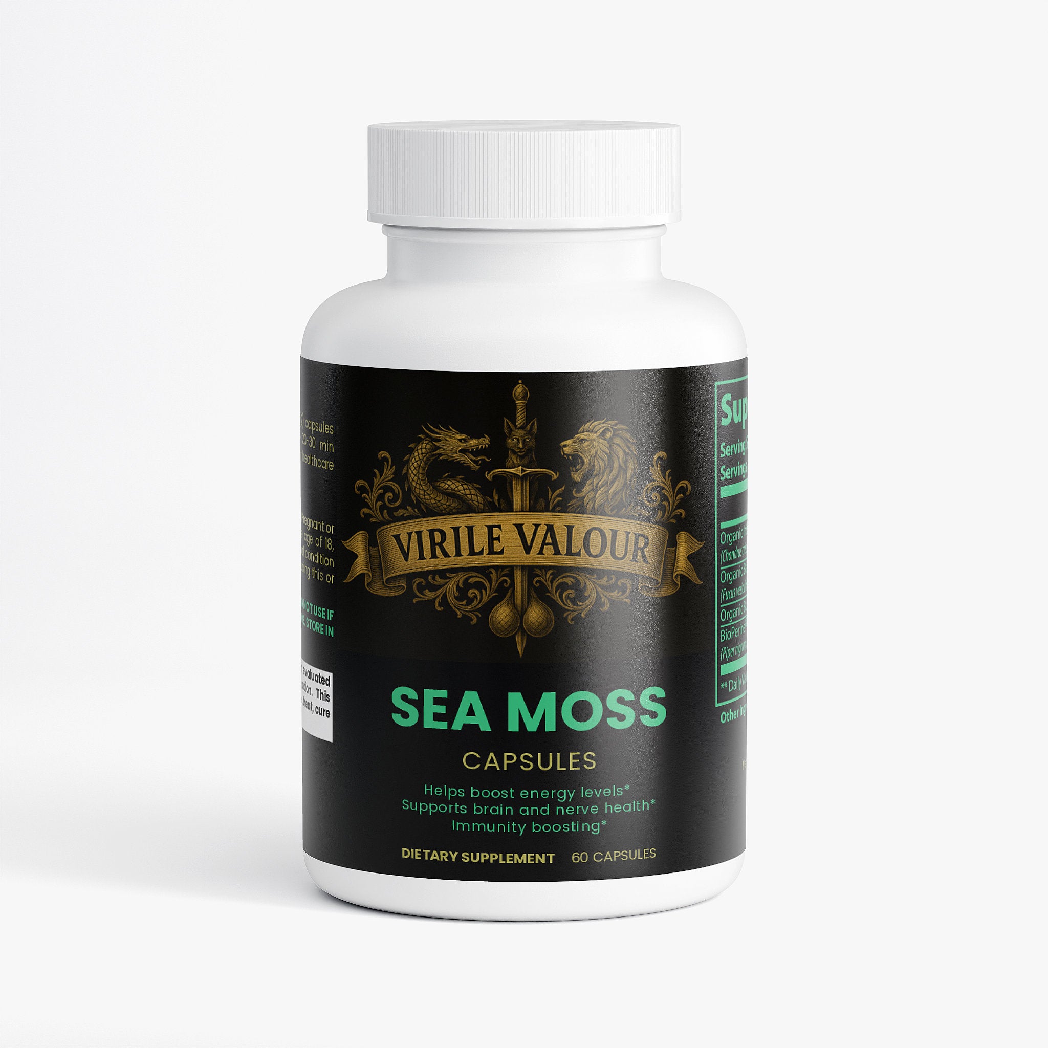 Bottle of Virile Valour Sea Moss Capsules on a white background