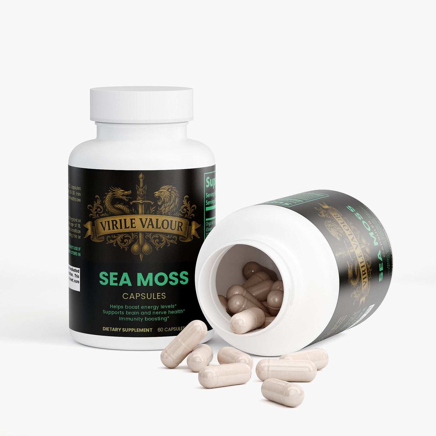 Virile Valor Sea Moss capsules with open bottle on a white background