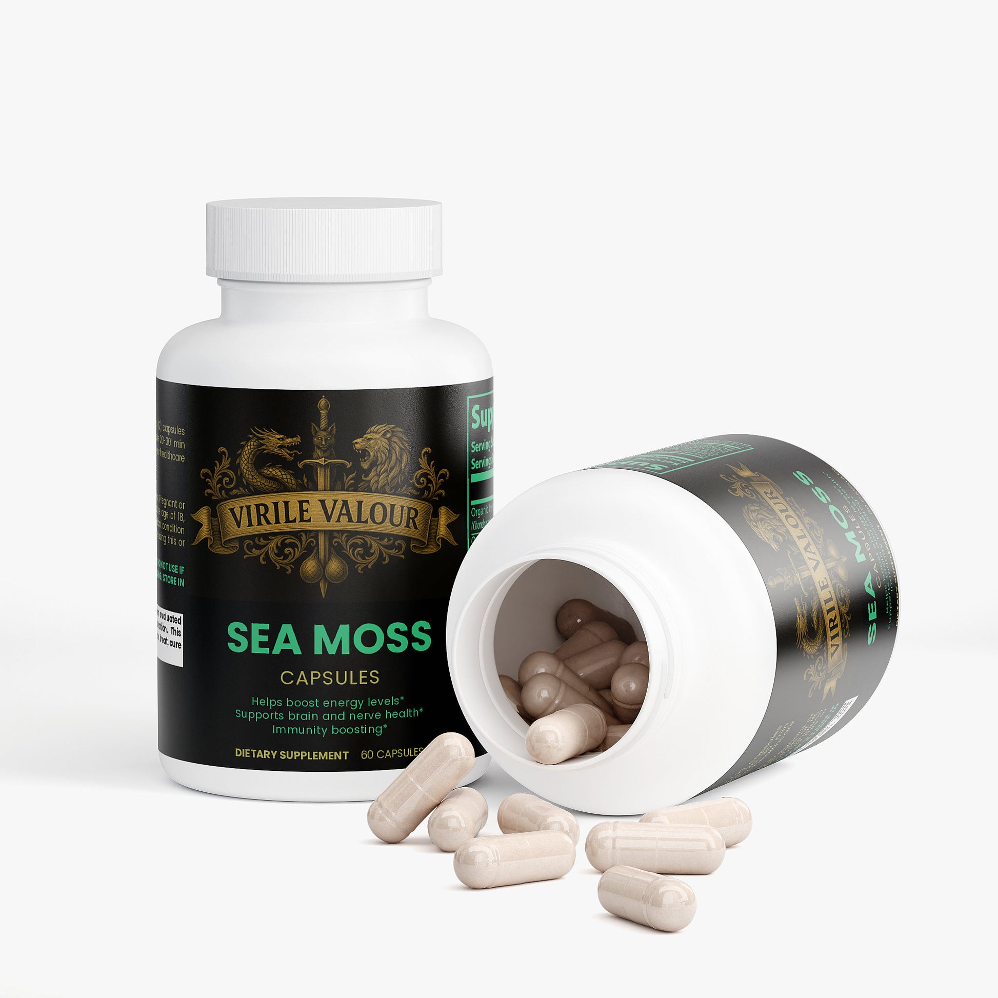 Virile Valor Sea Moss capsules with open bottle on a white background