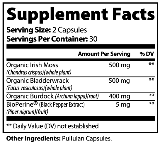 Virile Valour Sea Moss For Men Supplement facts label with ingredients and serving sizes on a white background