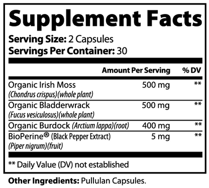 Virile Valour Sea Moss For Men Supplement facts label with ingredients and serving sizes on a white background