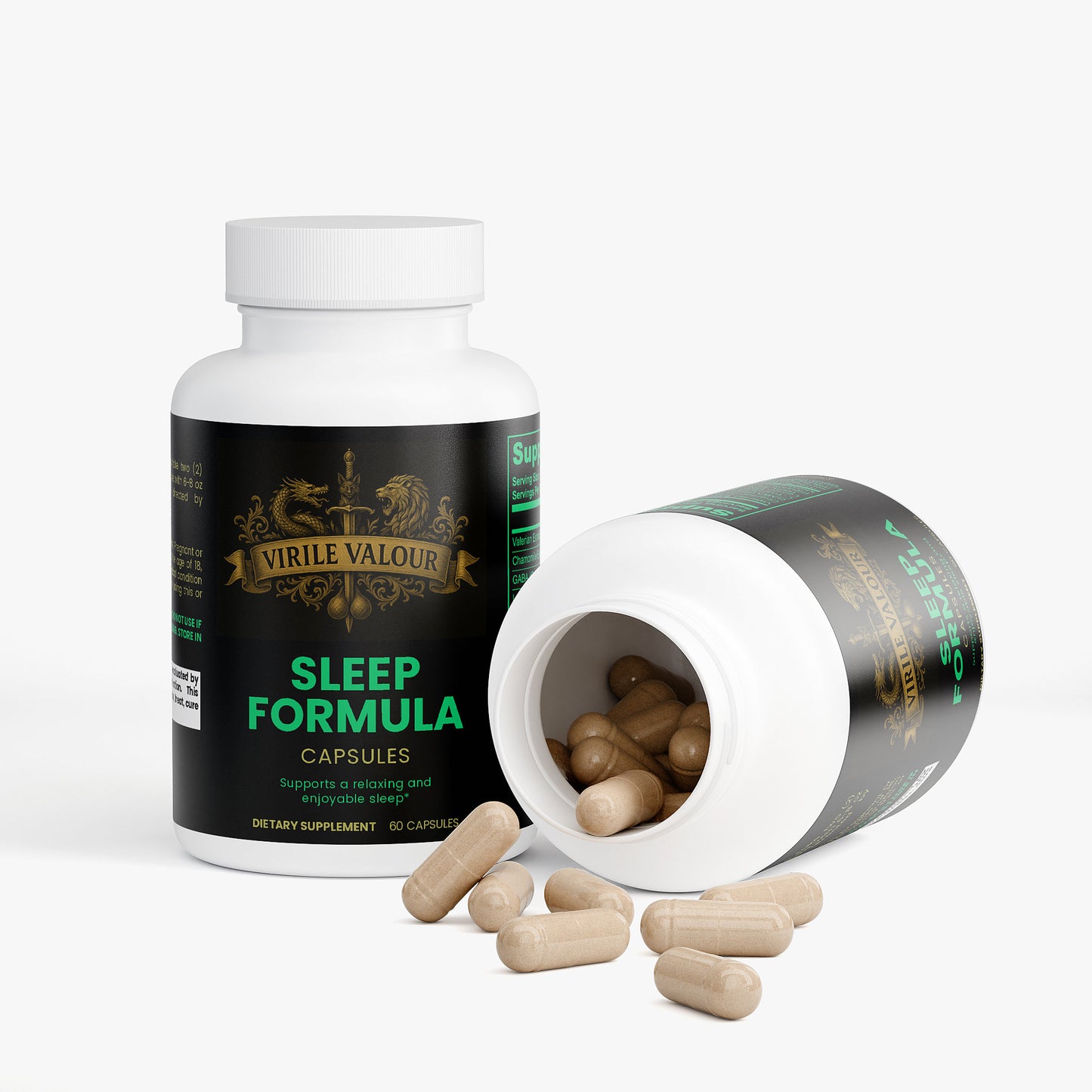 Sleep formula capsules with open bottle on a white background