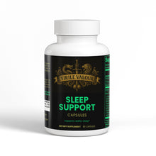 Supplement bottle labeled 'Sleep Support' by Virile Valour on a white background