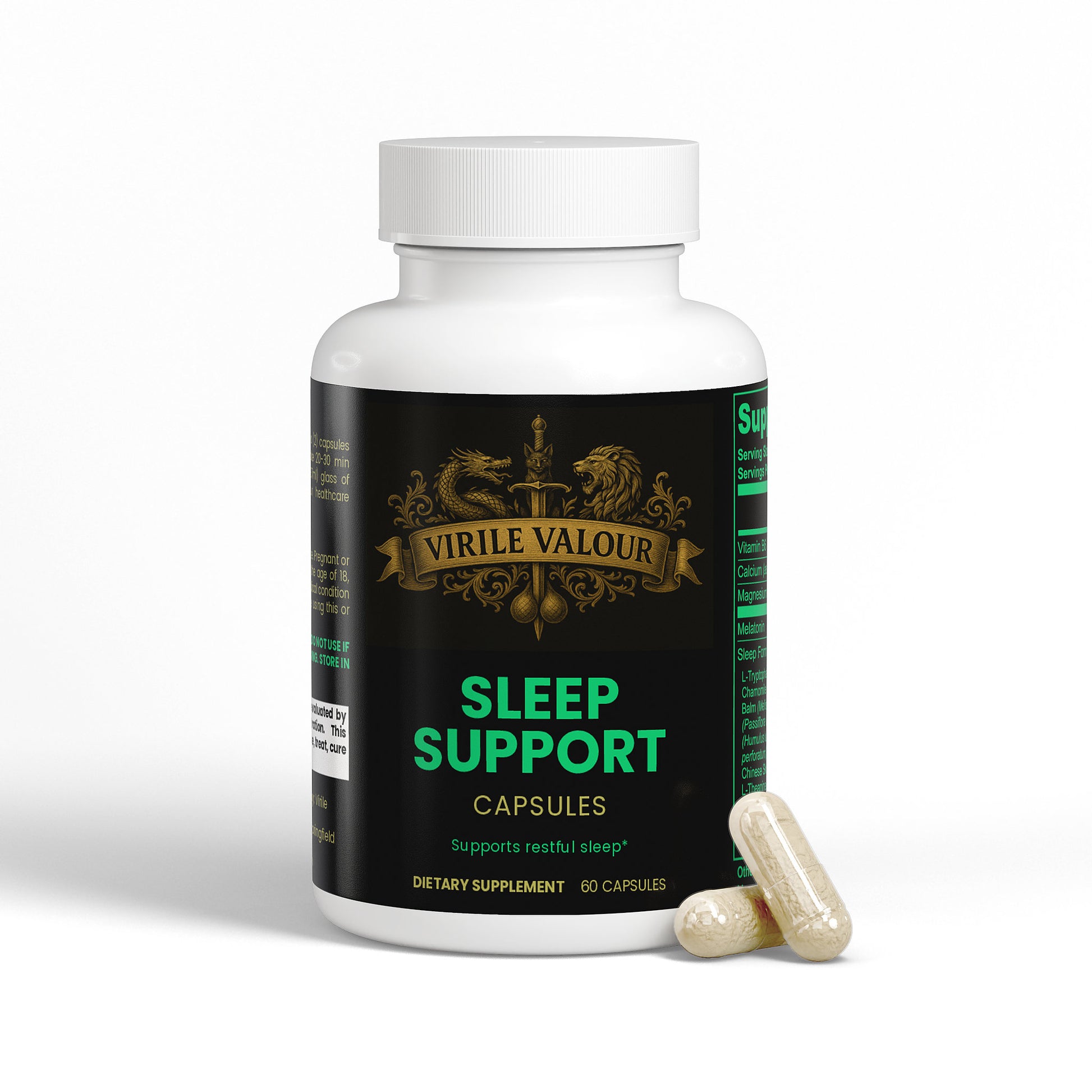 Supplement bottle labeled 'Sleep Support' by Virile Valour on a white background
