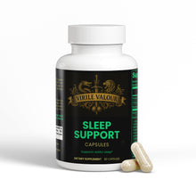 Supplement bottle labeled 'Sleep Support' by Virile Valour on a white background