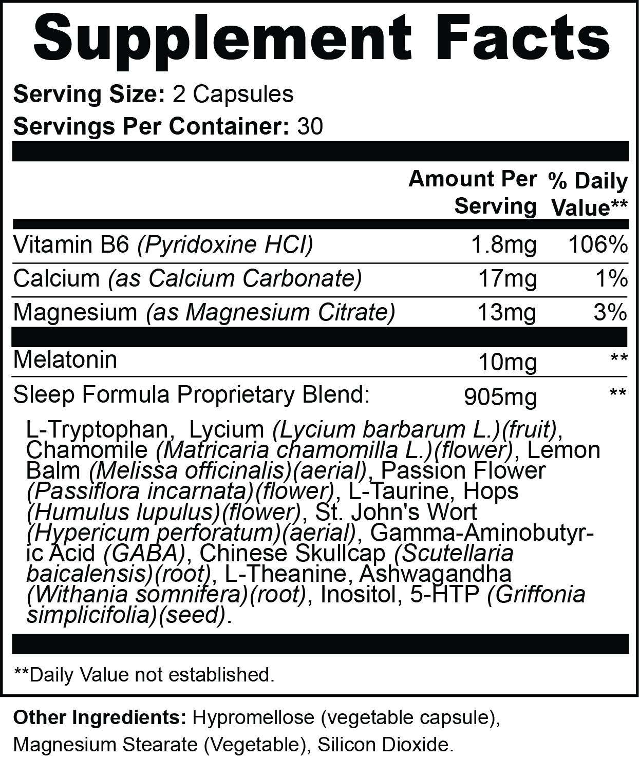 Virile Valour Sleep Support For Men supplements facts label with detailed nutritional information and ingredients.