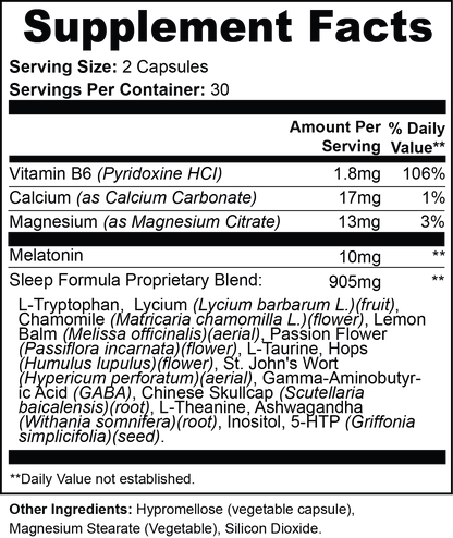 Virile Valour Sleep Support For Men supplements facts label with detailed nutritional information and ingredients.