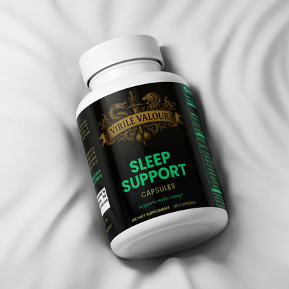 Bottle of Virile Valour Sleep Support Capsules on a white fabric background