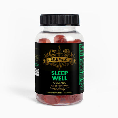 Bottle of Virile Valour Sleep Well gummies on a white background