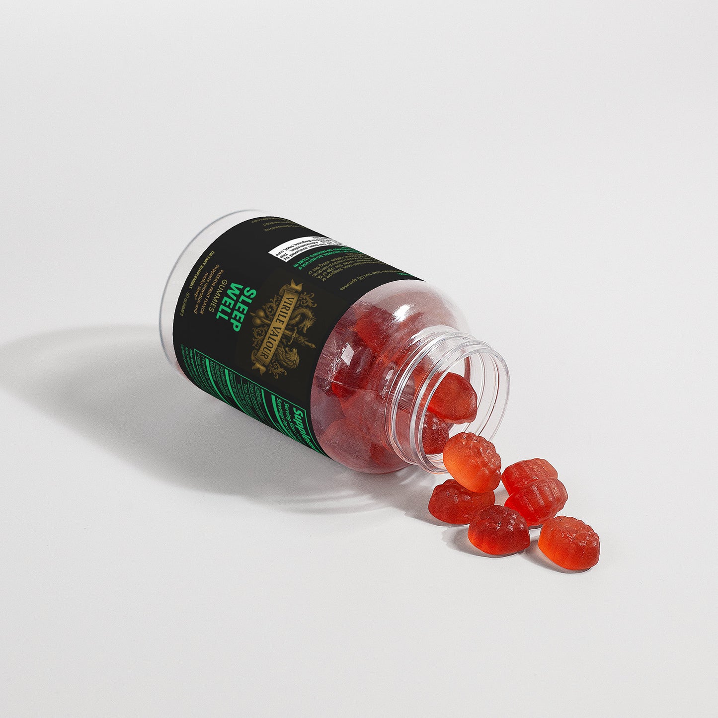 Open container of gummy bears with a label on a white background