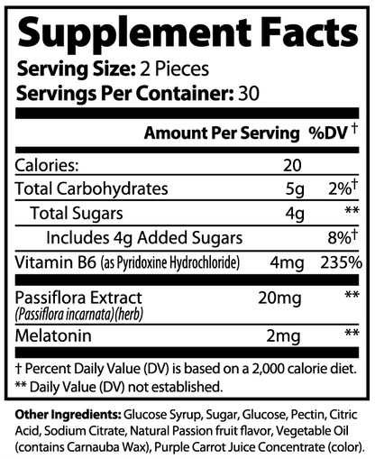 Virile Valour Sleep Well Gummies For Men Adult supplement facts label for a product with various nutrients and their amounts per serving.