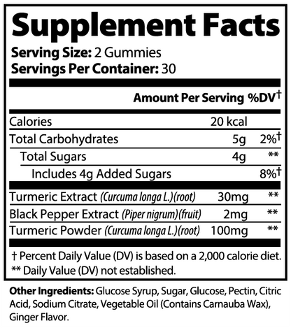 Virile Valour Turmeric Gummies For Men facts label for gummy vitamins with nutritional information.