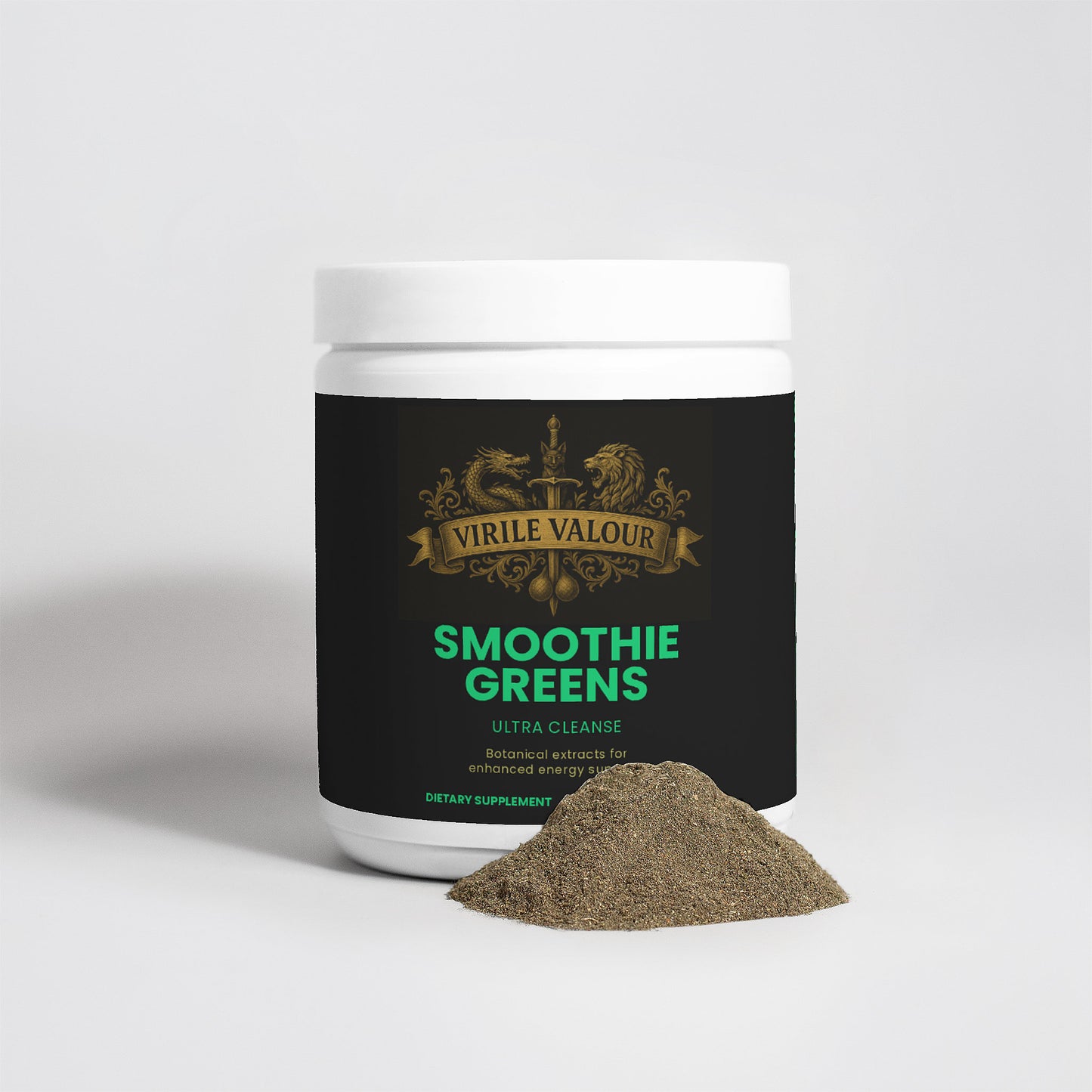Jar of Virile Valour Smoothie Greens supplement with a small pile of powder on a light gray background
