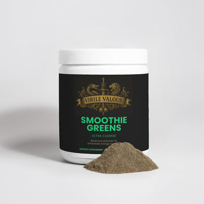 Jar of Virile Valour Smoothie Greens supplement with a small pile of powder on a light gray background