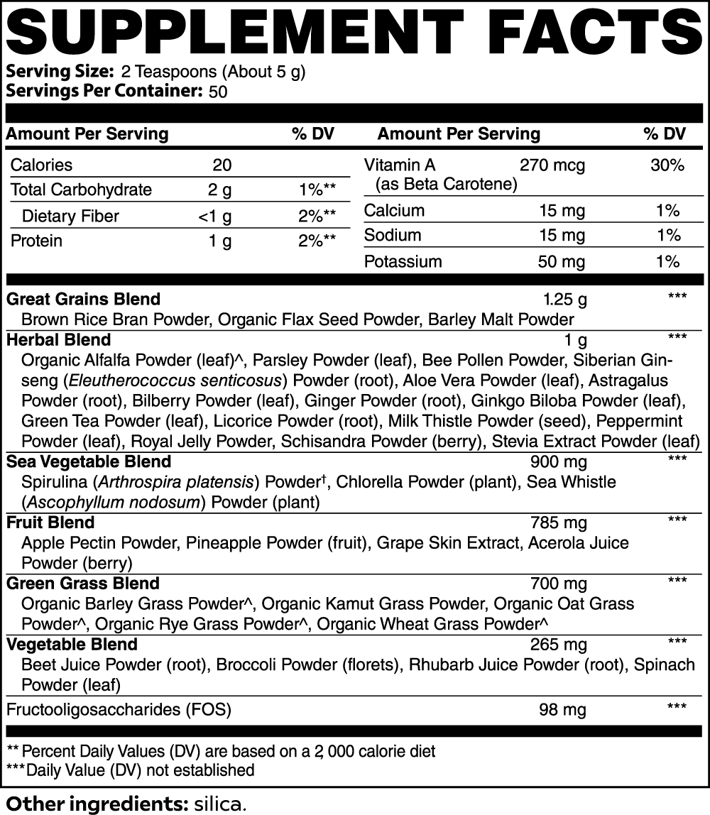 Virile Valour Ultra Cleanse Smoothie Greens For Men Supplement Facts label with detailed nutritional information and ingredient list.