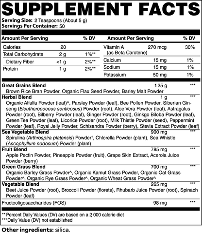 Virile Valour Ultra Cleanse Smoothie Greens For Men Supplement Facts label with detailed nutritional information and ingredient list.