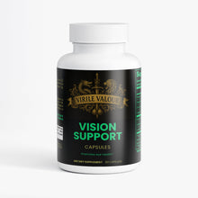 Supplement bottle labeled 'Vision Support' by Virile Valour on a white background