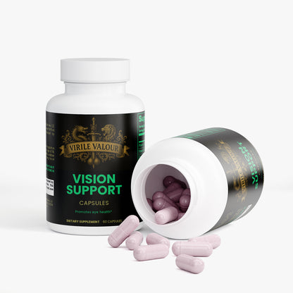 Vision support capsules with open bottle on a white background