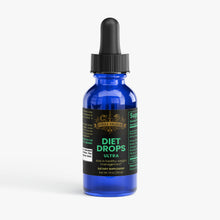 Blue bottle with black cap labeled 'Diet Drops Ultra' on a white background