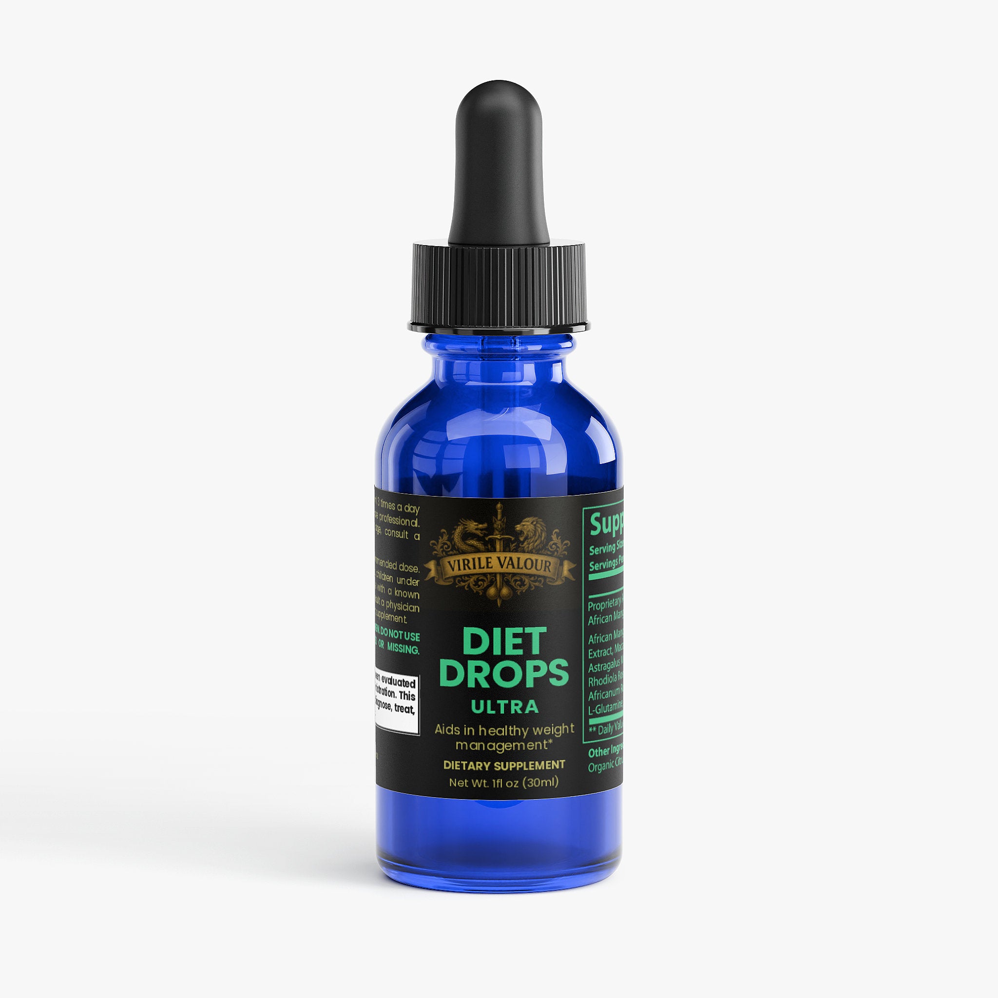 Blue bottle with black cap labeled 'Diet Drops Ultra' on a white background