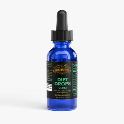 Blue bottle with black cap labeled 'Diet Drops Ultra' on a white background