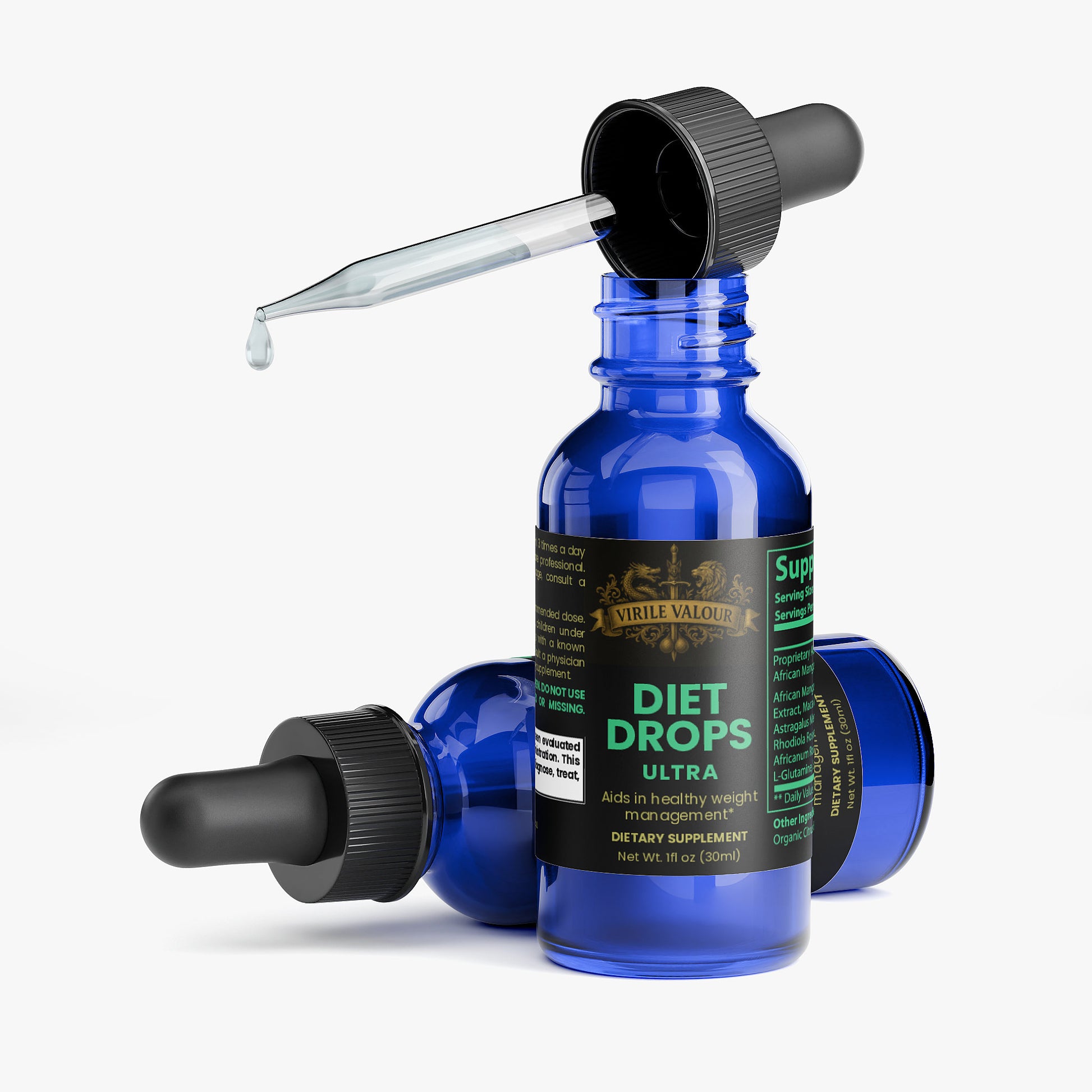 Blue bottle of Diet Drops Ultra with dropper on a white background