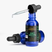 Blue bottle of Diet Drops Ultra with dropper on a white background